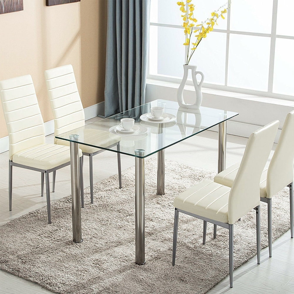 5 Piece Dining Table Set Dining Table 4 Leather Chairs Glass Top Kit Homely Decor