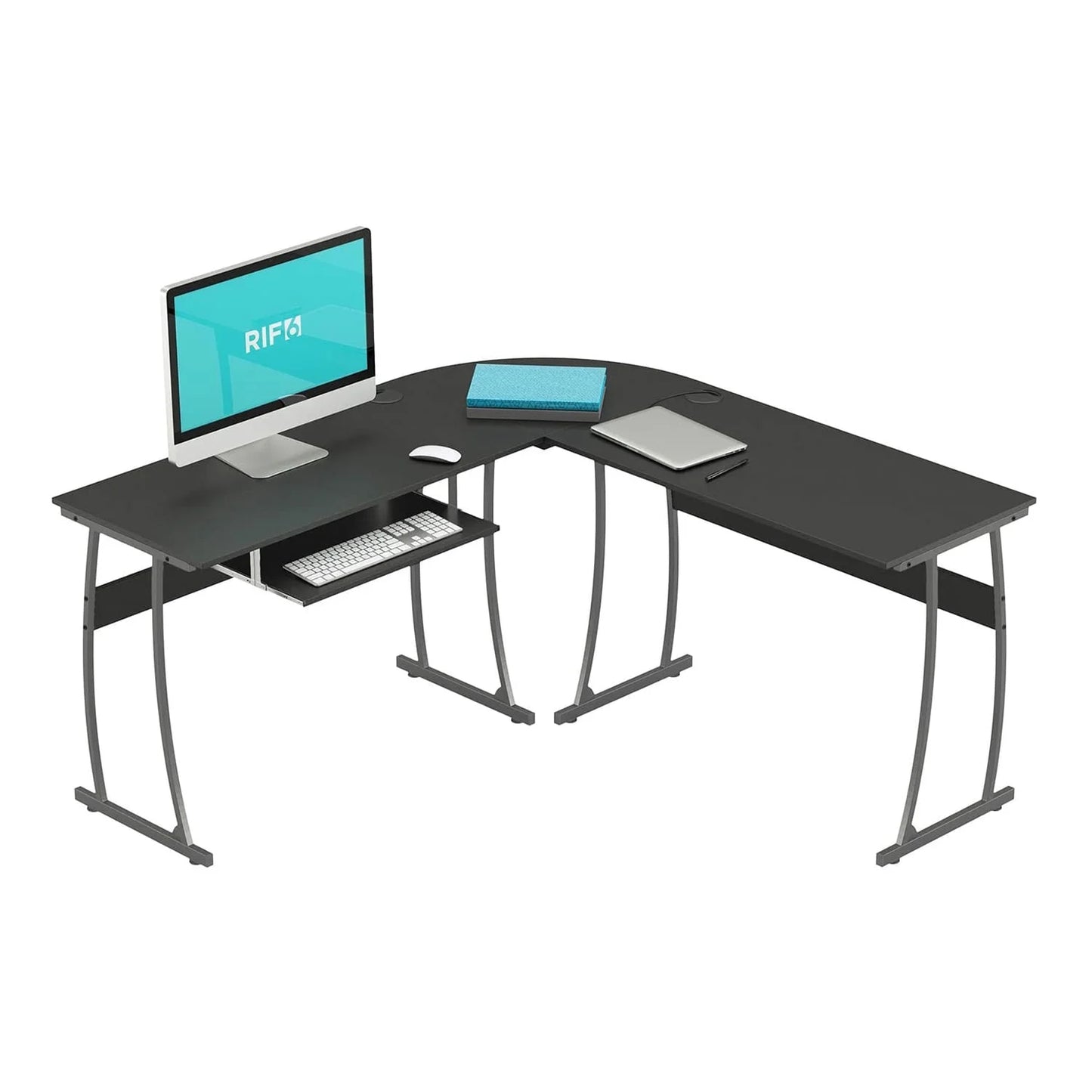 L Shaped Modern Computer Home Office Desk W/ Keyboard Tray, Black