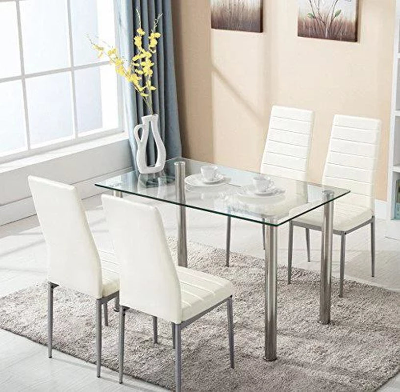 5 Piece Dining Table Set Dining Table & 4 Leather Chairs,Glass Top Kitchen Dining Room Furniture,White