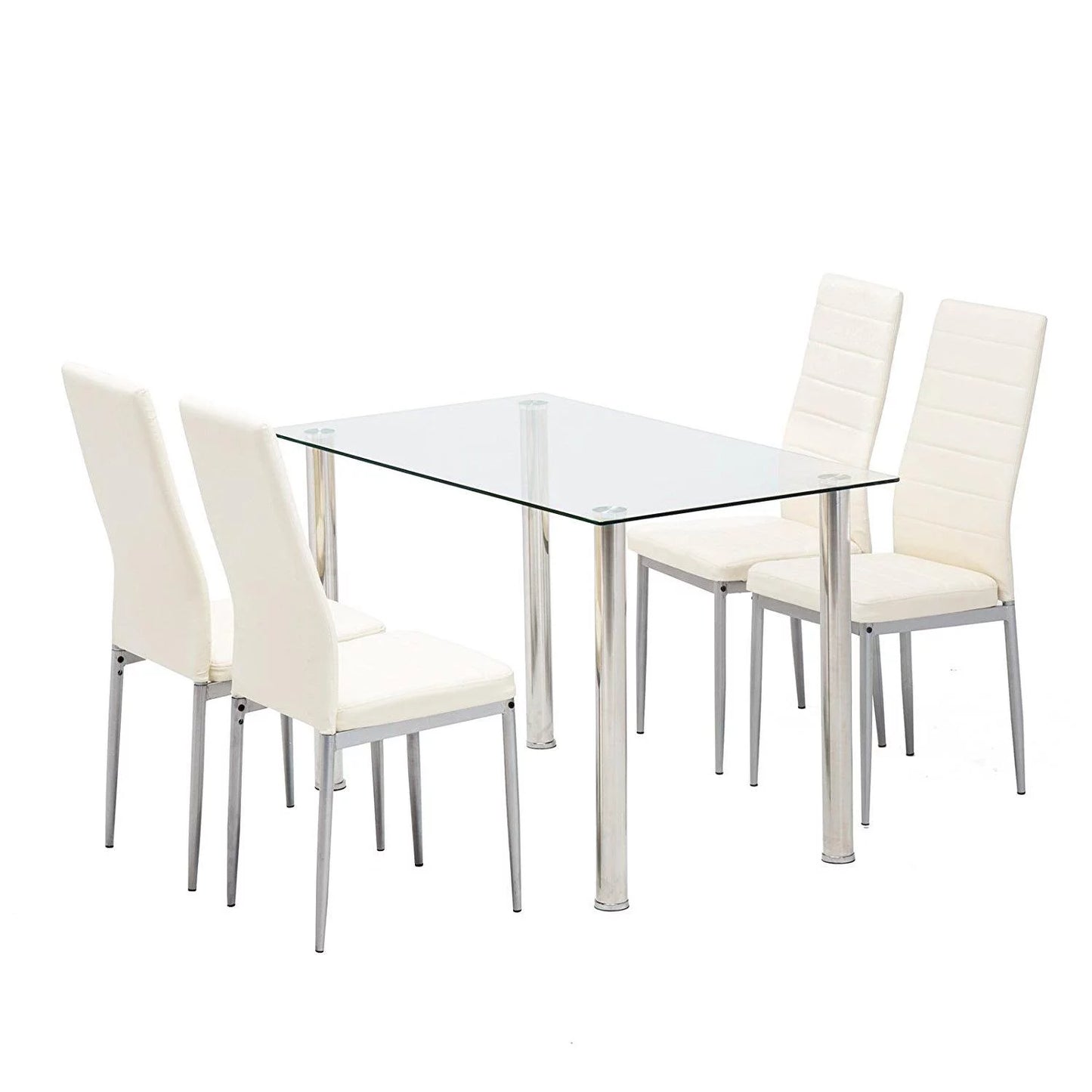 5 Piece Dining Table Set Dining Table & 4 Leather Chairs,Glass Top Kitchen Dining Room Furniture,White