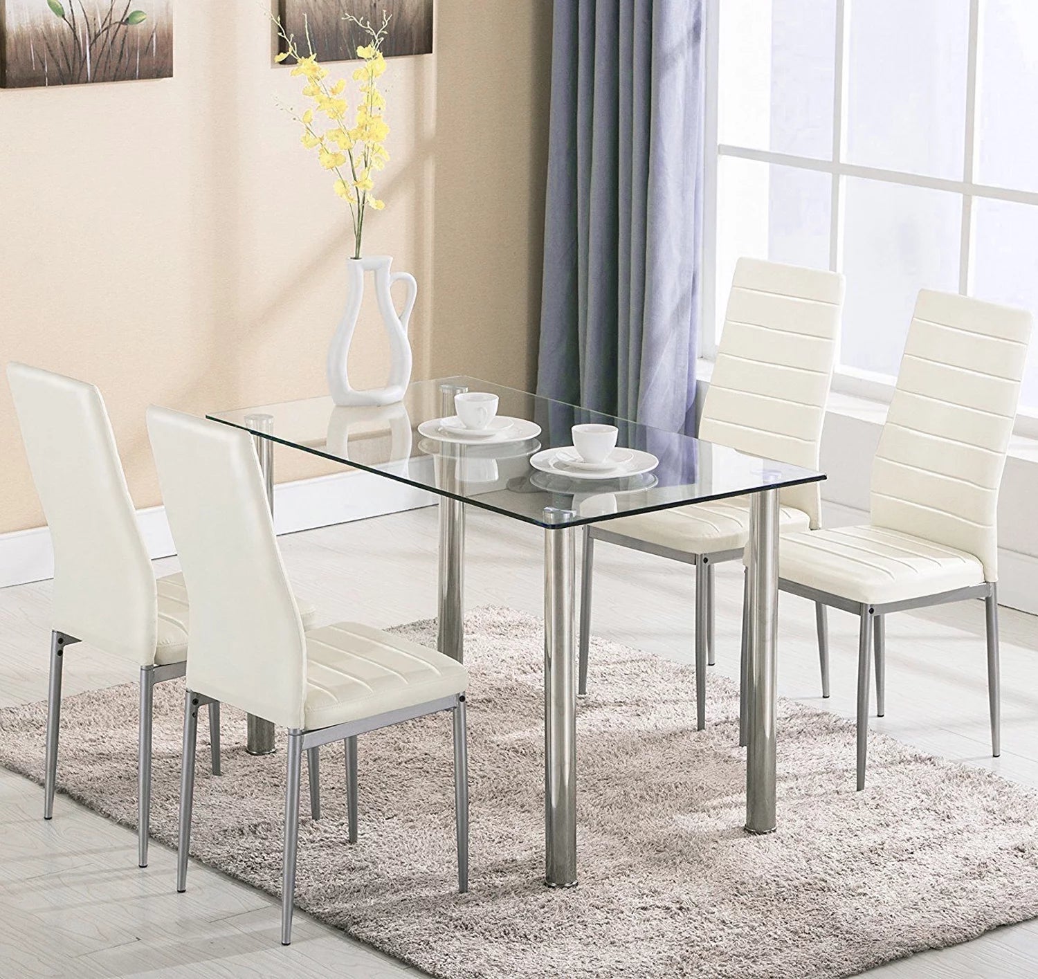 5 Piece Dining Table Set Dining Table & 4 Leather Chairs,Glass Top Kitchen Dining Room Furniture,White