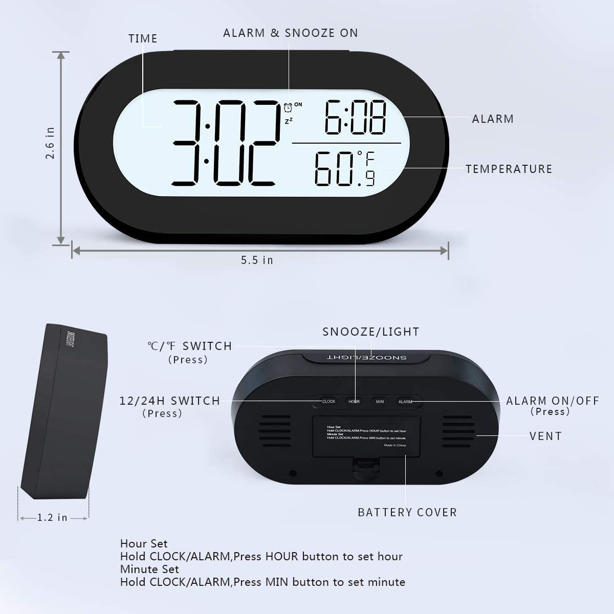 Alarm Clock, Digital Clock, Small Alarm Clocks for Kids, Battery Powered, Snooze and Temperature, Desk Clock with Soft Backlight, Clock for Bedroom, Black