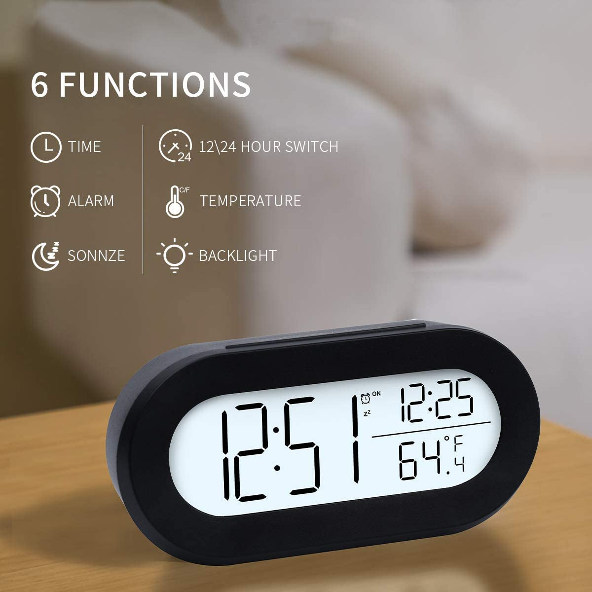 Alarm Clock, Digital Clock, Small Alarm Clocks for Kids, Battery Powered, Snooze and Temperature, Desk Clock with Soft Backlight, Clock for Bedroom, Black